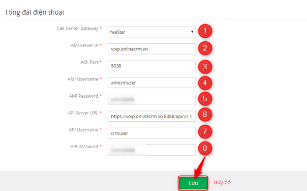 Nhập thông số tích hợp Yeastar và click Lưu
