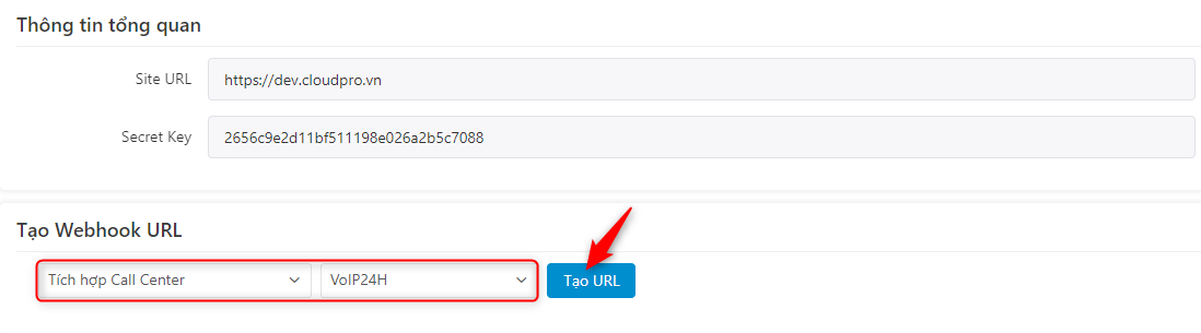 Chọn Tích hợp Call Center — tổng đài VOIP24H — Tạo URL