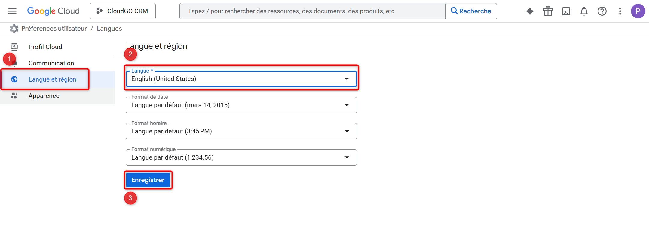 Đổi ngôn ngữ hiển thị Google Console bước 2