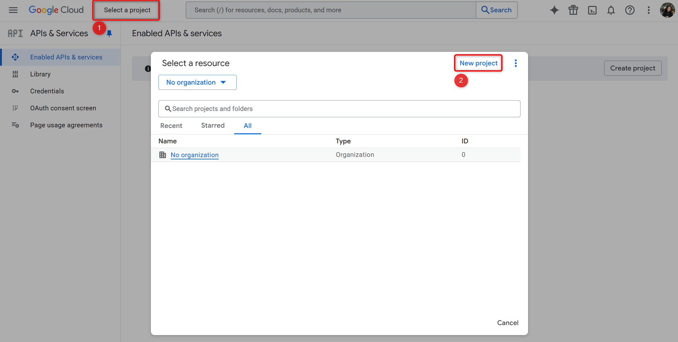 Chọn hoặc tạo mới Project trên Google Console