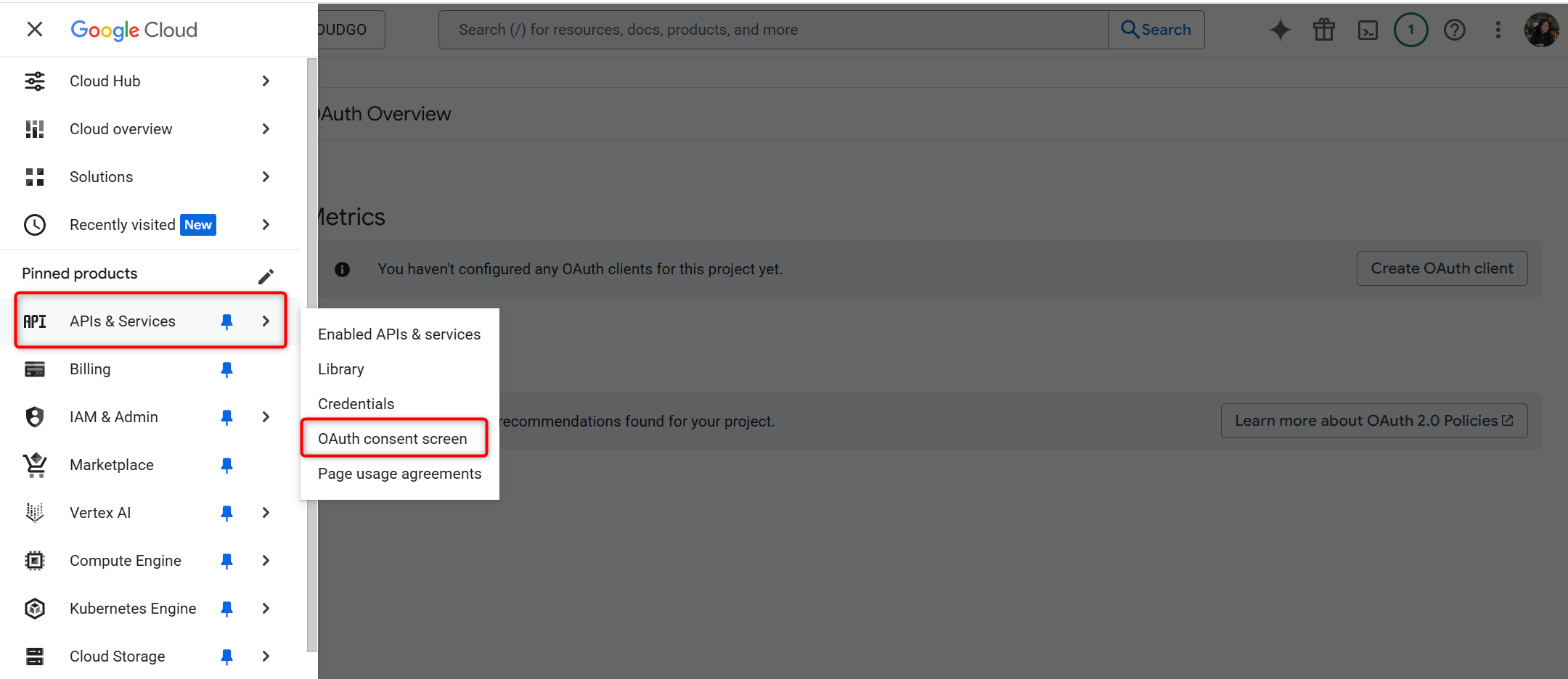 Vào menu APIs Services chọn OAuth consent screen