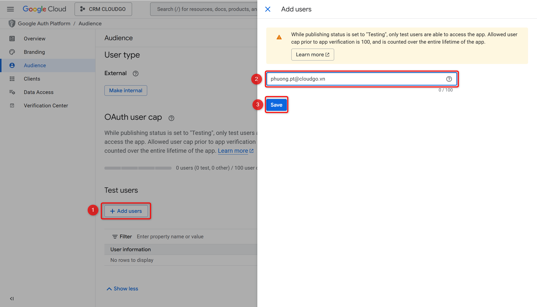Nhập email test user