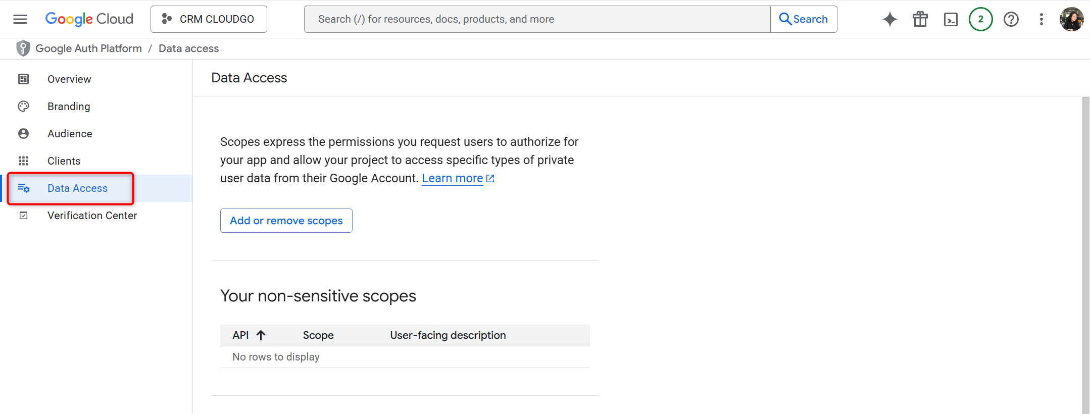 Vào Data Access, thêm scope