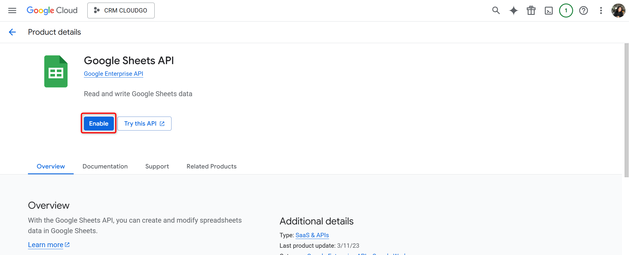 Bật Google Sheets API