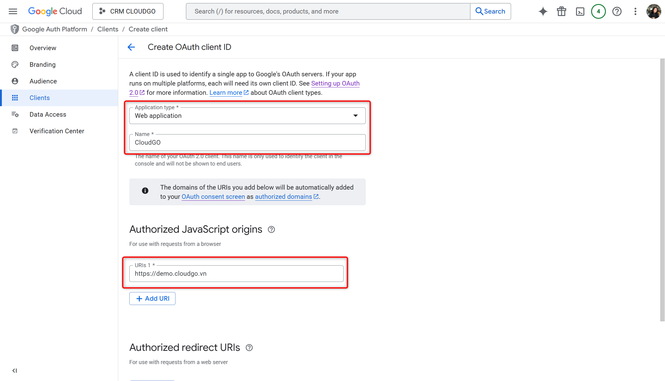 Nhập Application Type, Name, Authorized JavaScript origins