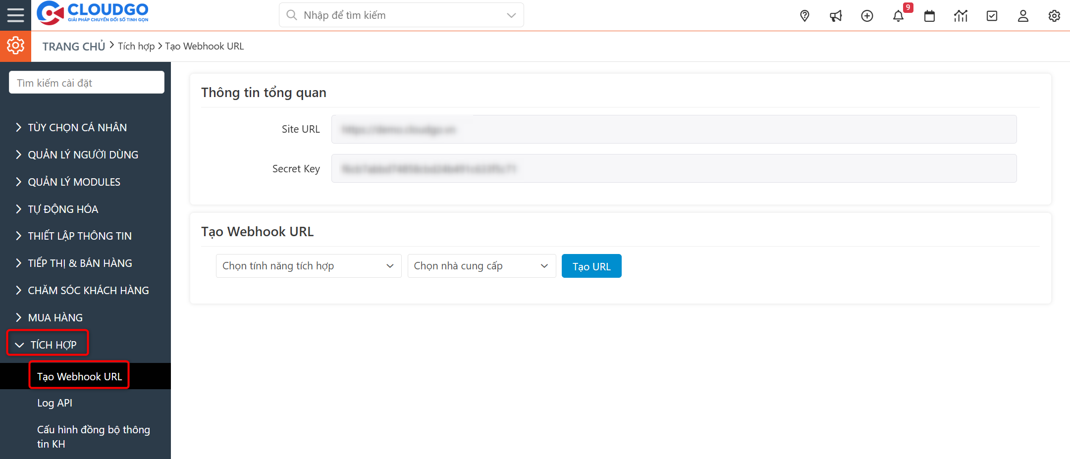 Chọn Tạo Webhook URL