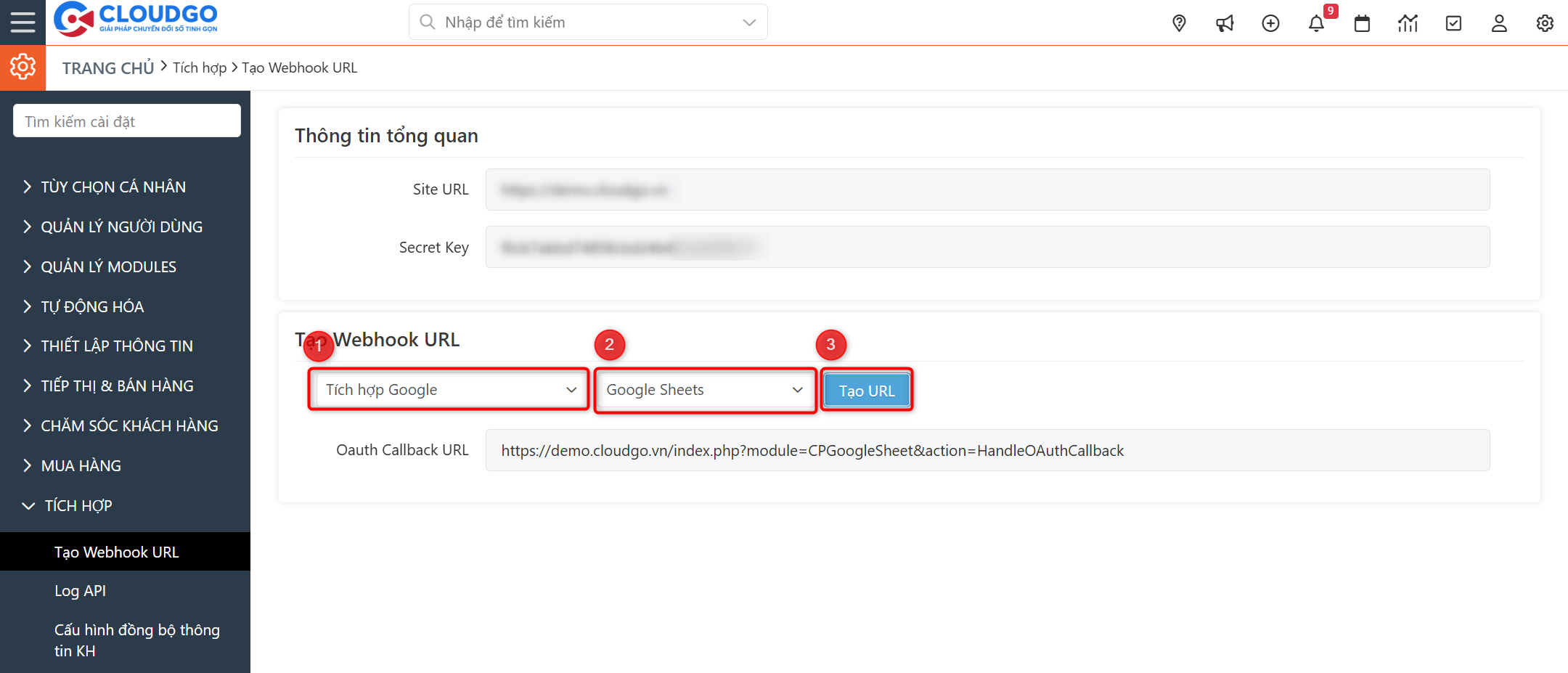 Chọn Tích hợp Google, Google Sheets, tạo URL