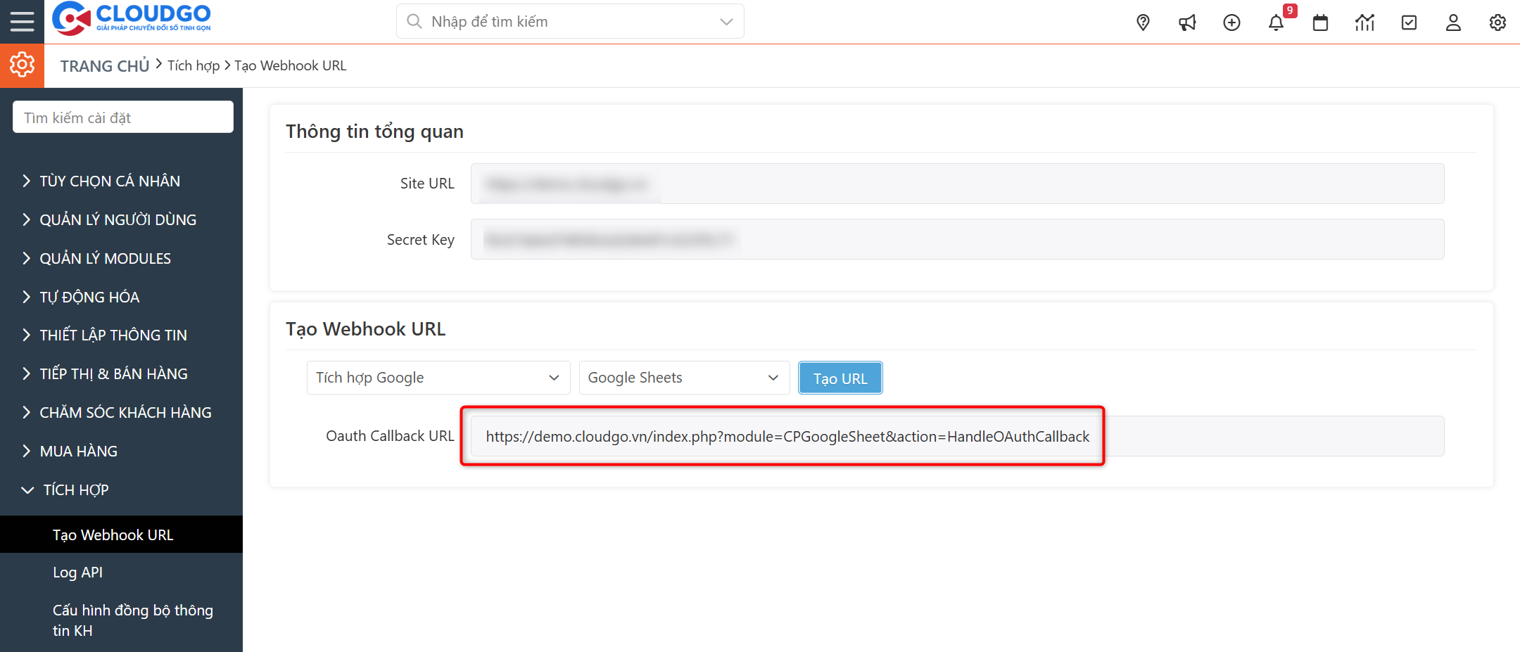Copy OAuth Callback URL