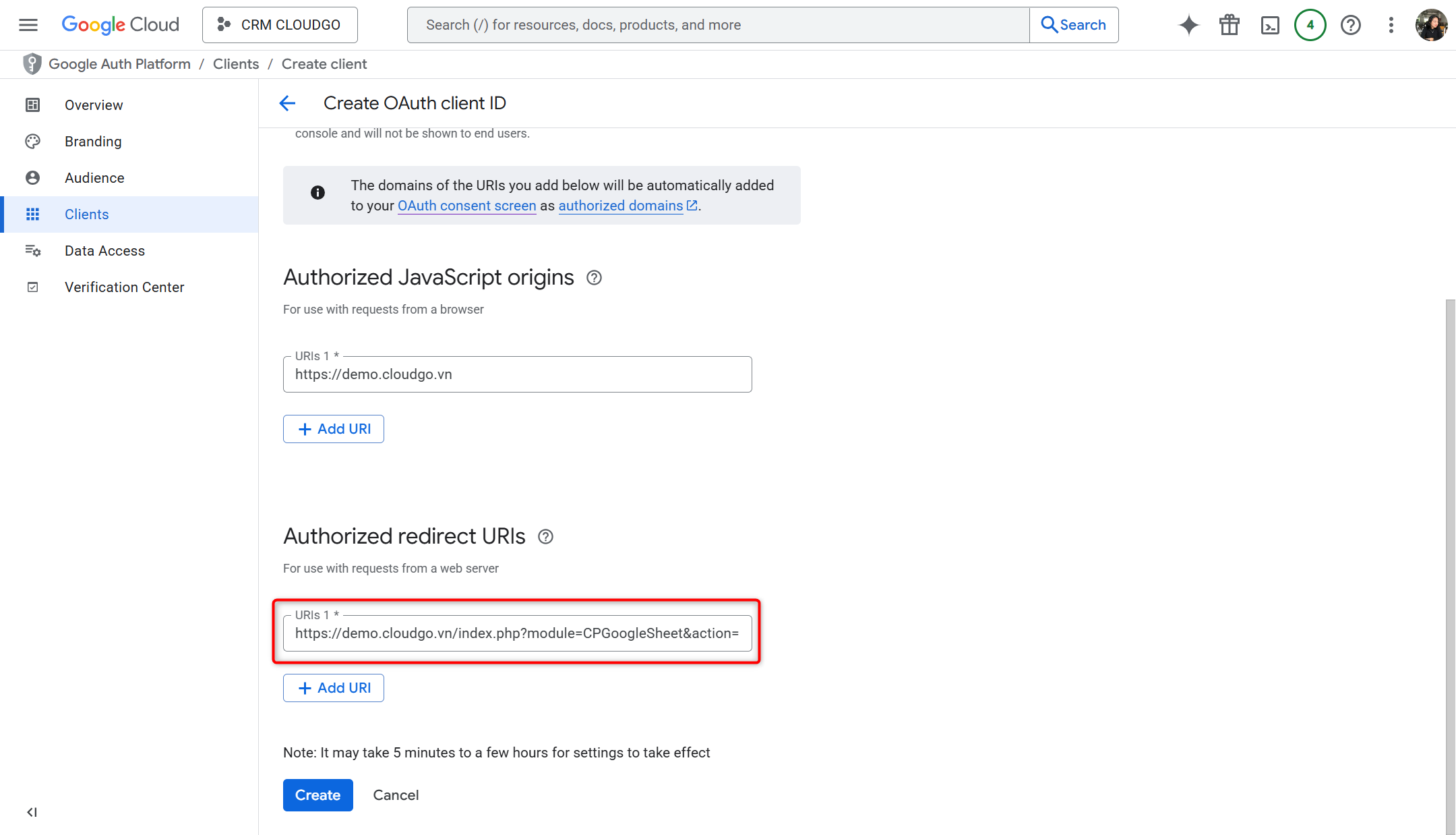 Dán OAuth Callback URL vào Authorized redirect URLs