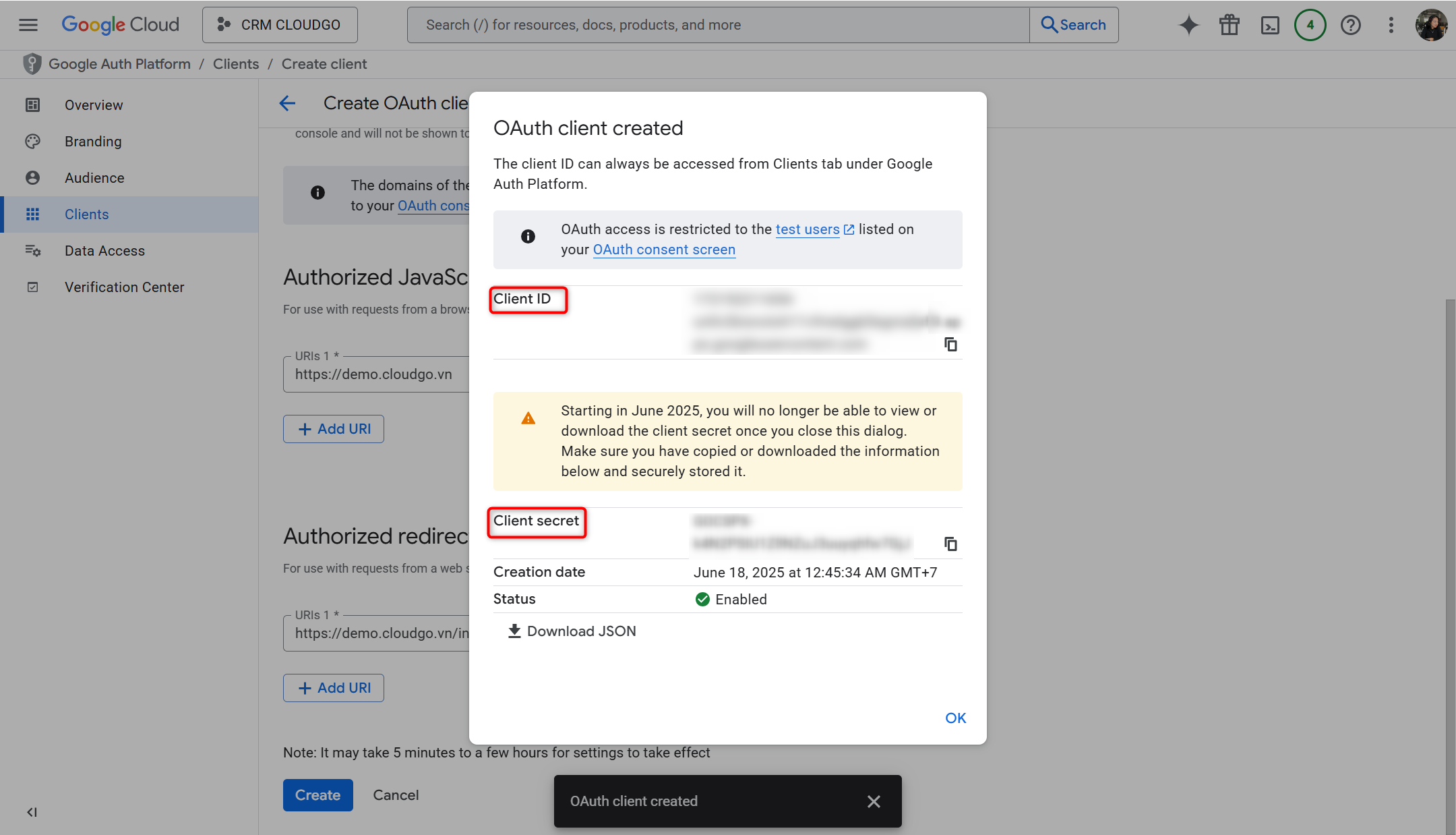 Copy Client ID và Client Secret