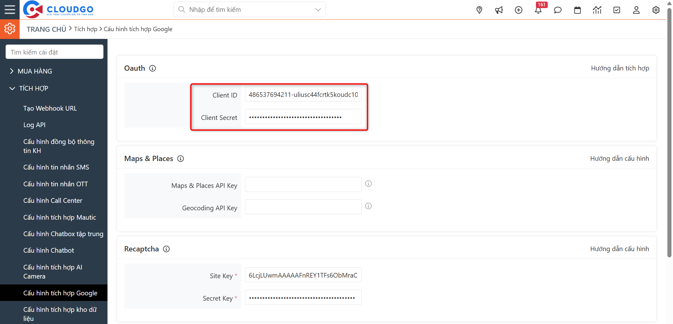 Nhập Client ID, Client Secret và lưu
