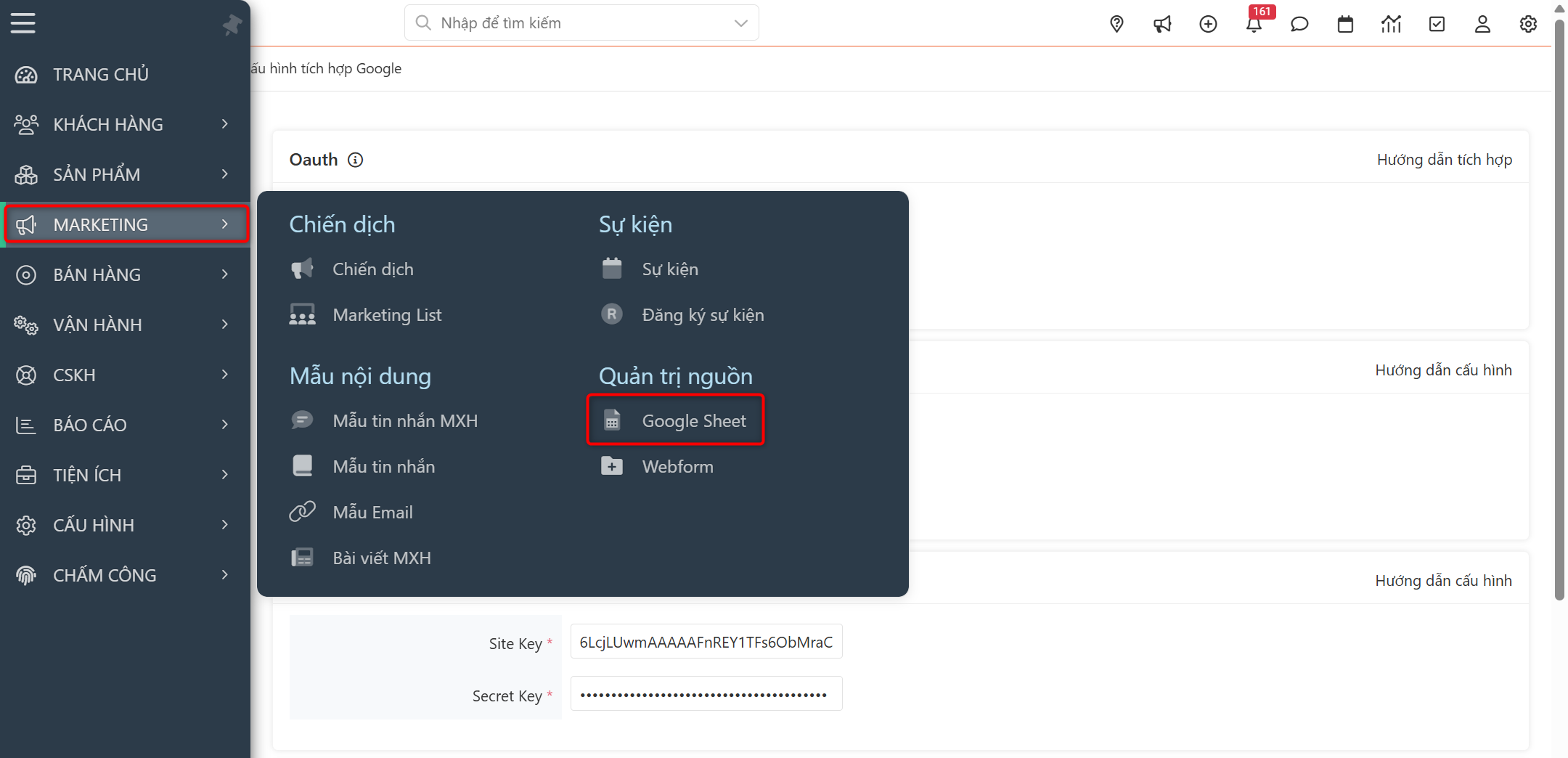 Vào menu Marketing, danh mục Google Sheet