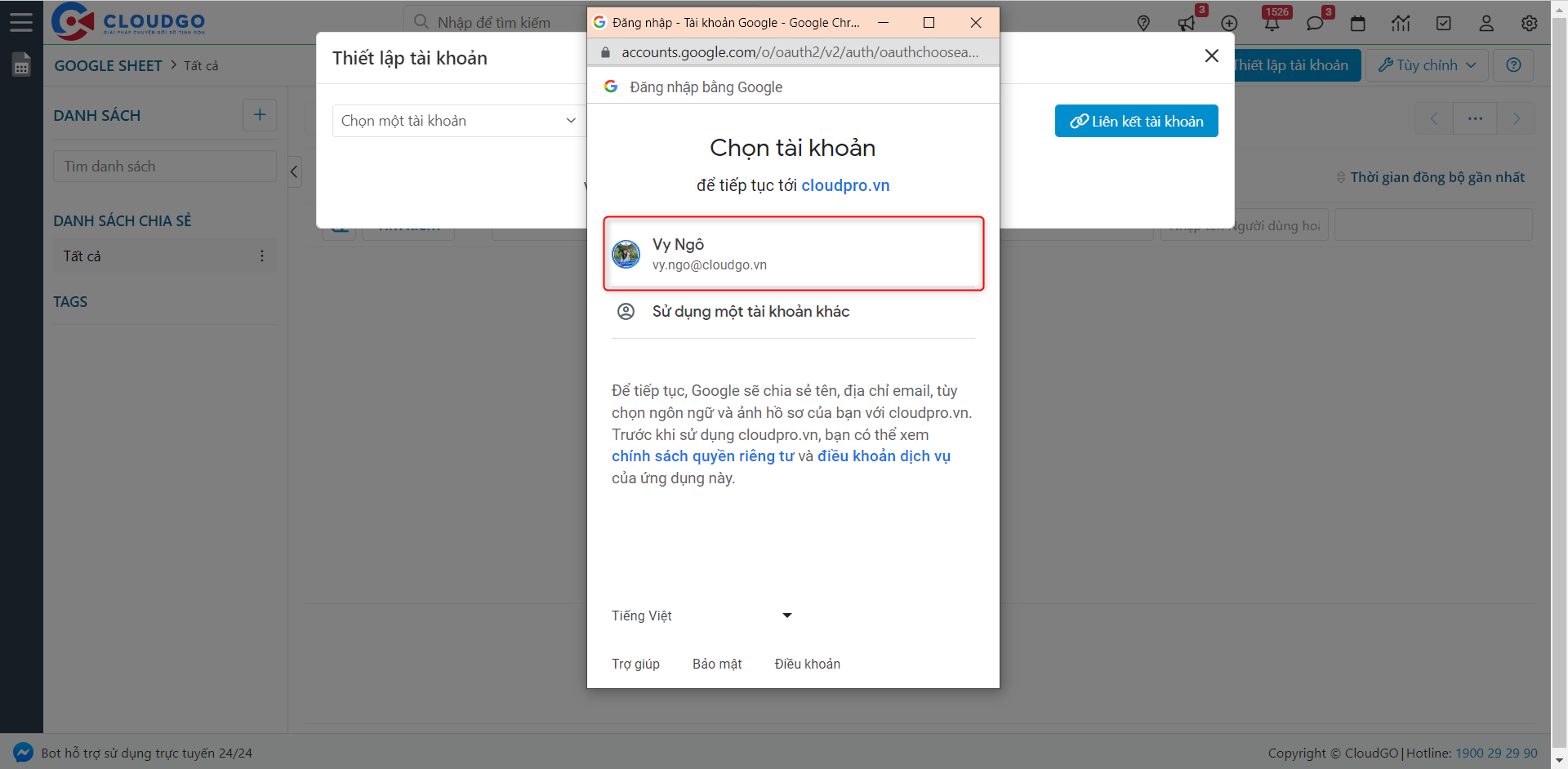 Chọn tài khoản Google cần liên kết