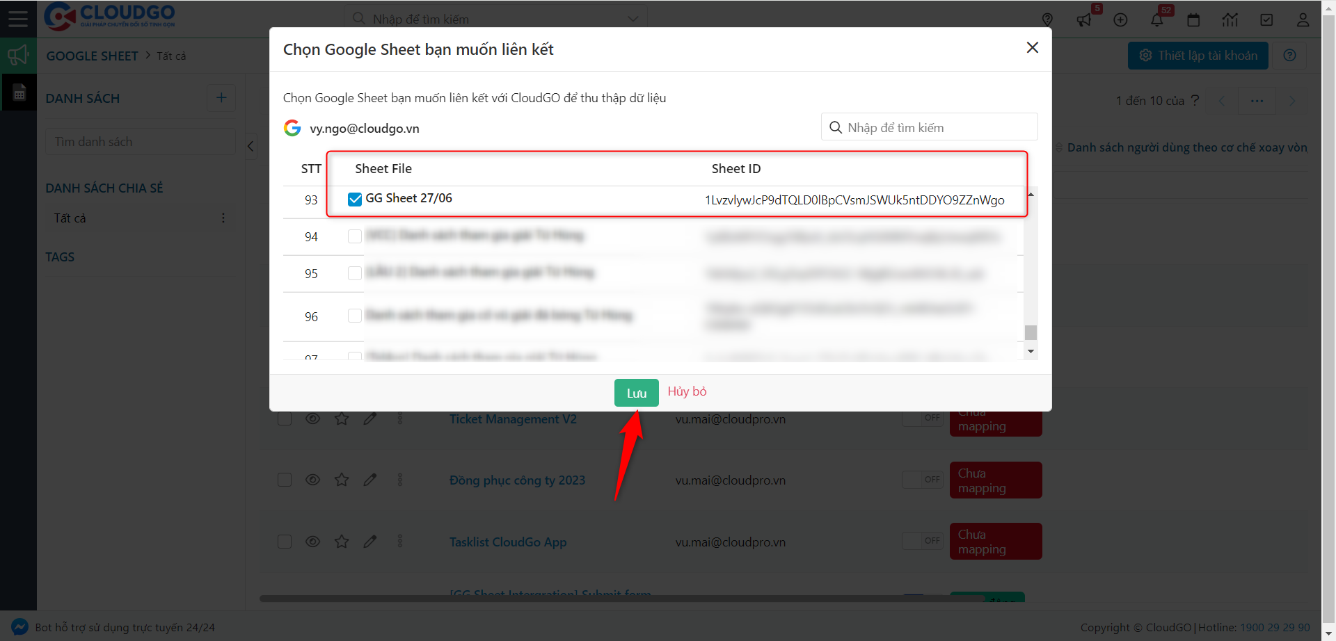 Chọn Google Sheet cần liên kết và lưu