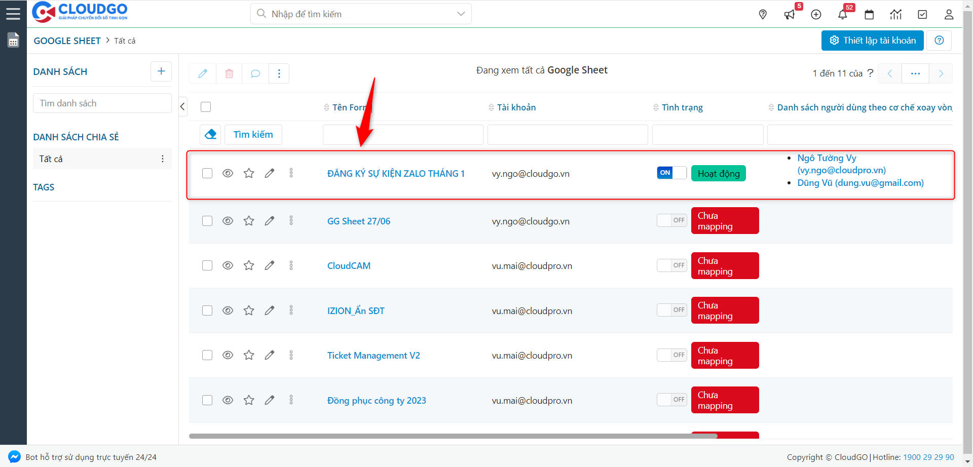 Truy cập màn hình chi tiết Google Sheet