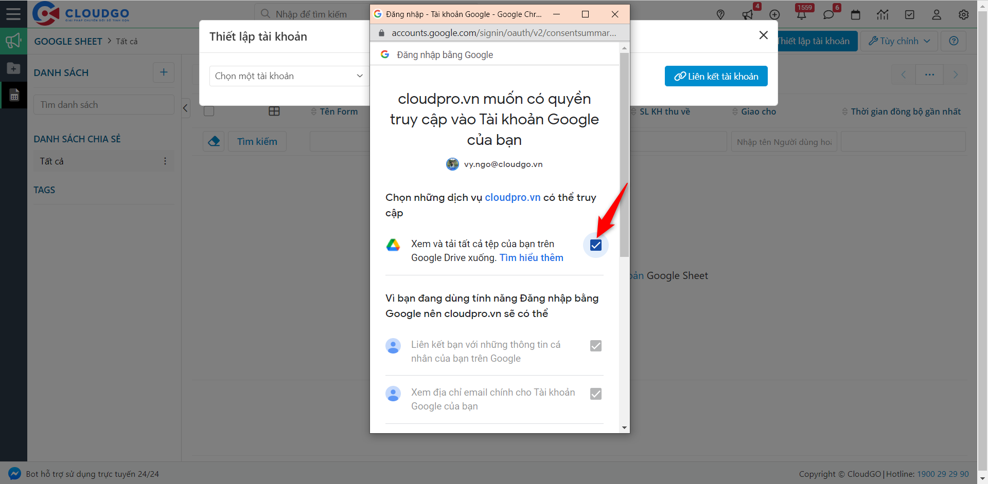 Cấp quyền truy cập tài khoản Google
