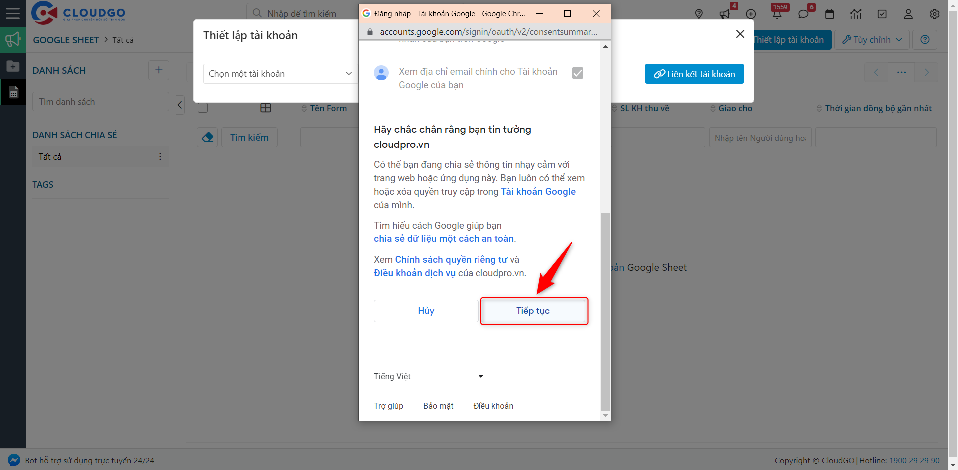Hoàn thành kết nối tài khoản Google