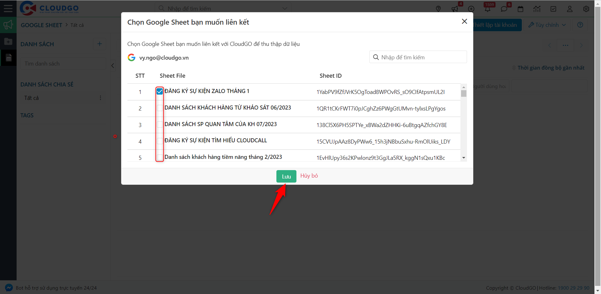 Chọn Google Sheet cần đồng bộ