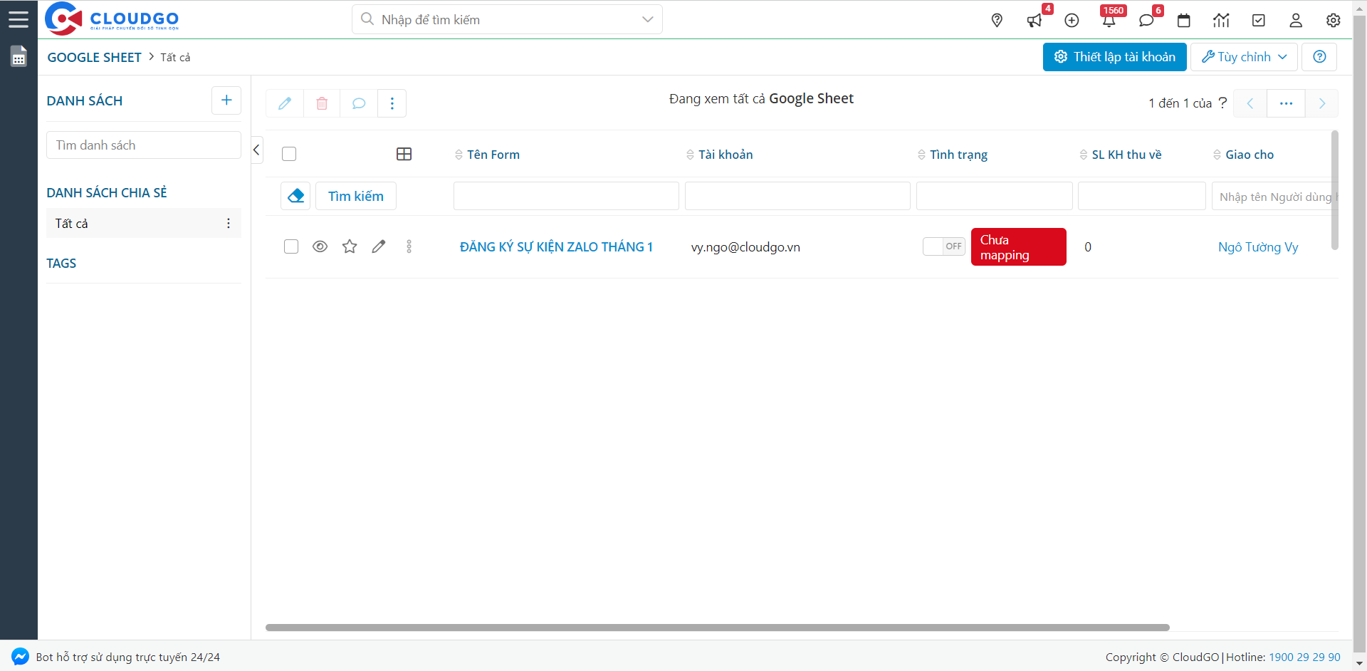 Danh sách Google Sheet đã liên kết