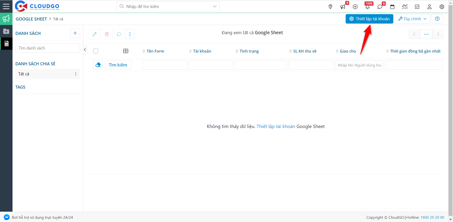 Truy cập module Google Sheet, nhấn Thiết lập tài khoản