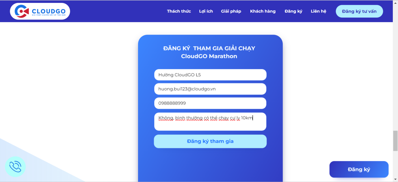 Nhập thông tin test đăng ký sự kiện trên Landing Page