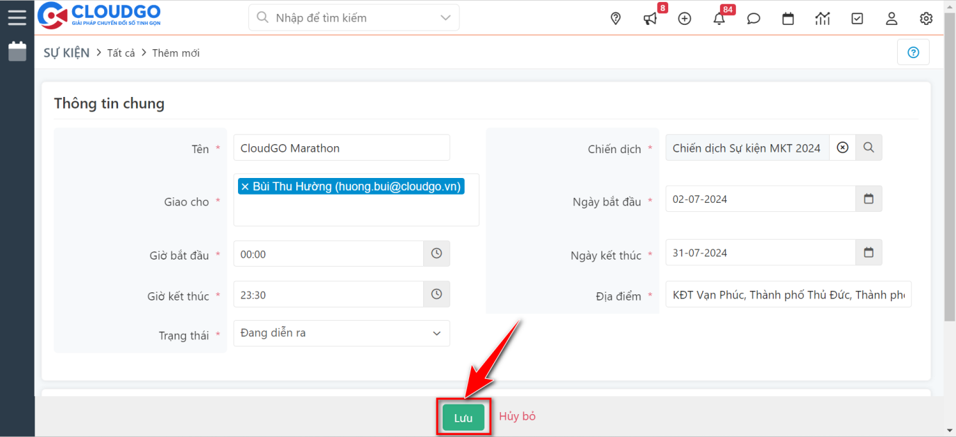 Nhấn Lưu sau khi tạo xong thông tin Sự kiện