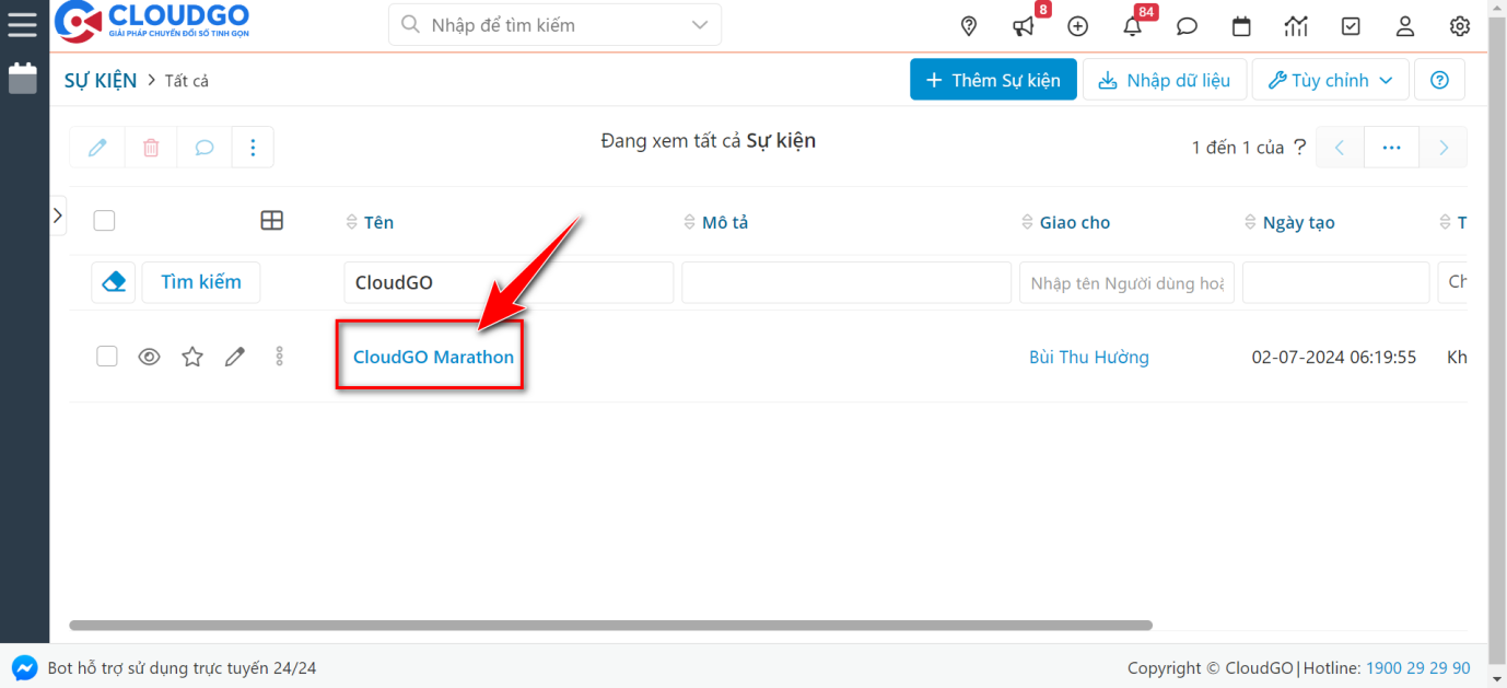 Xem chi tiết Sự kiện CloudGO Marathon để lấy id