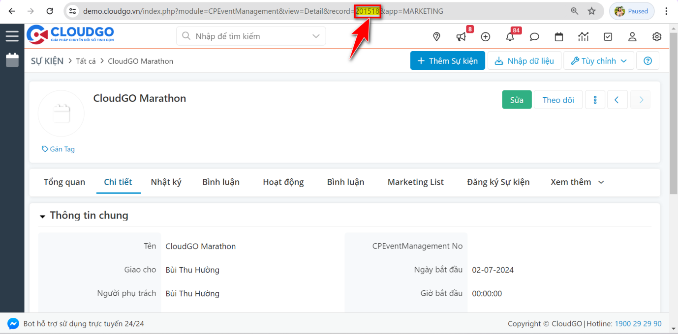 Bước 2 — Lấy thông tin id Sự kiện trên CRM