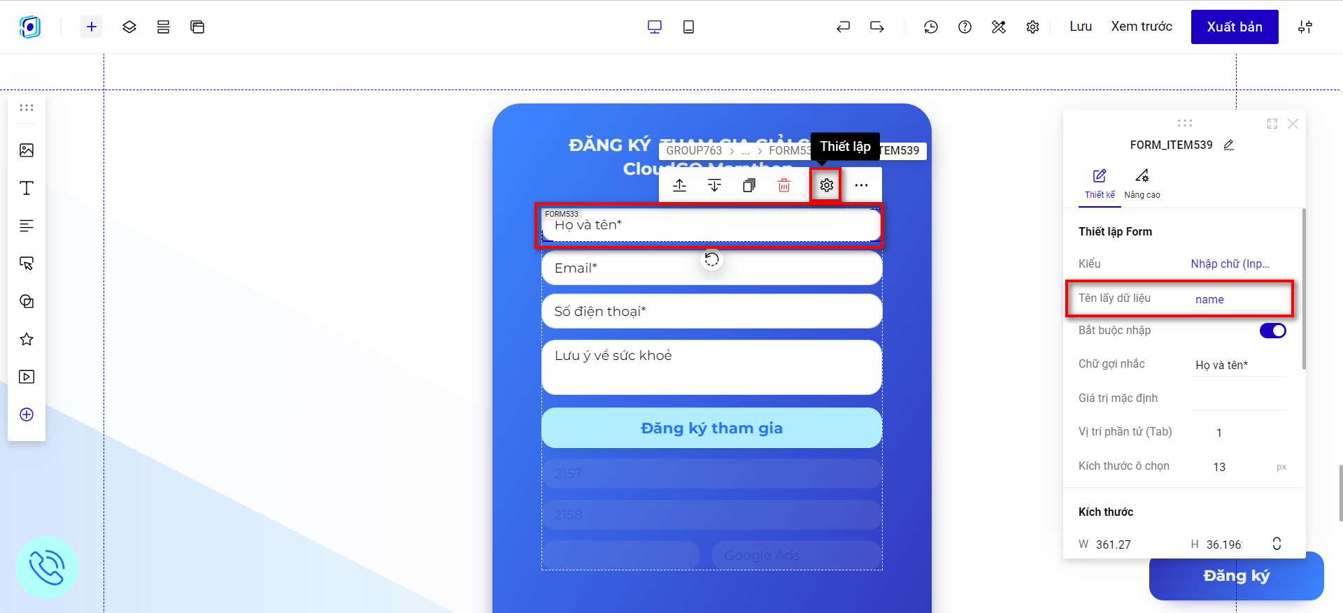 Trường Họ và tên khách hàng tham gia sự kiện với Tên lấy dữ liệu là name