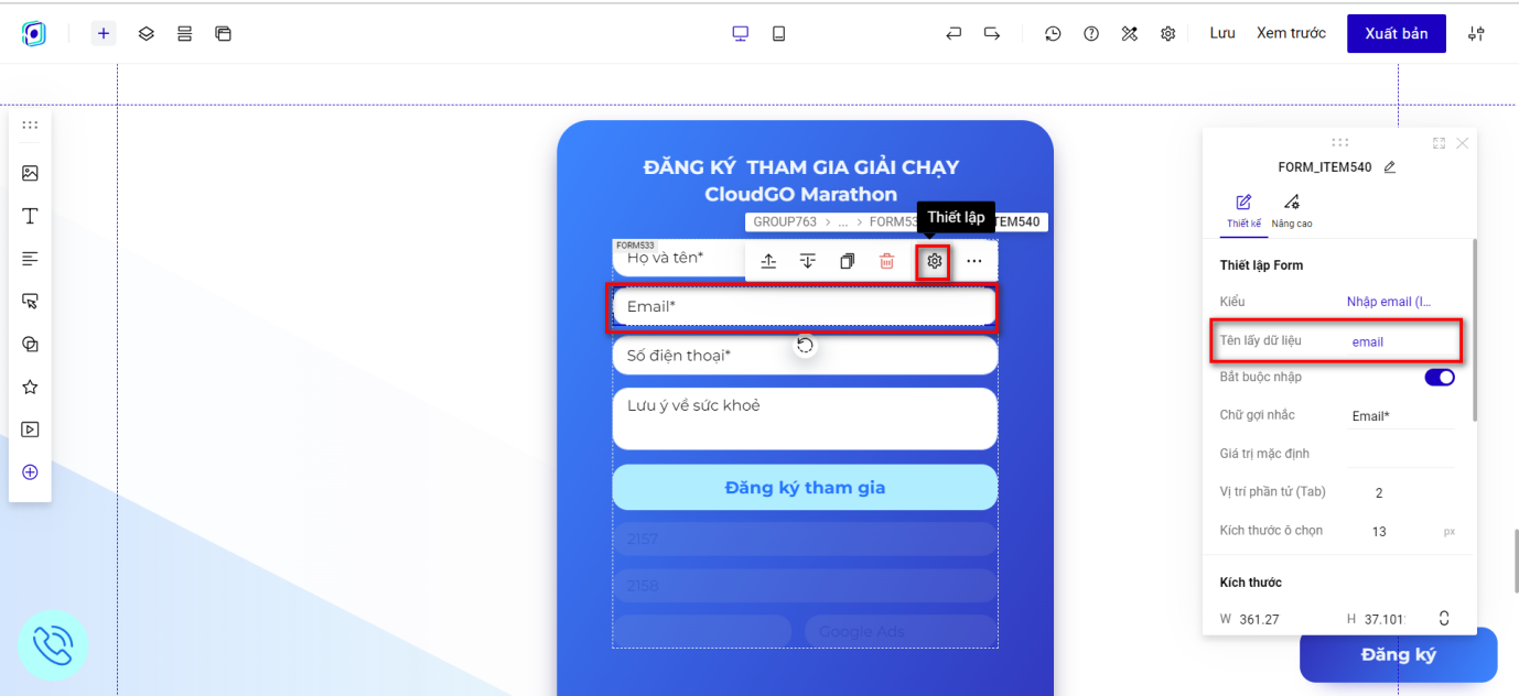Trường Email khách hàng với Tên lấy dữ liệu là email