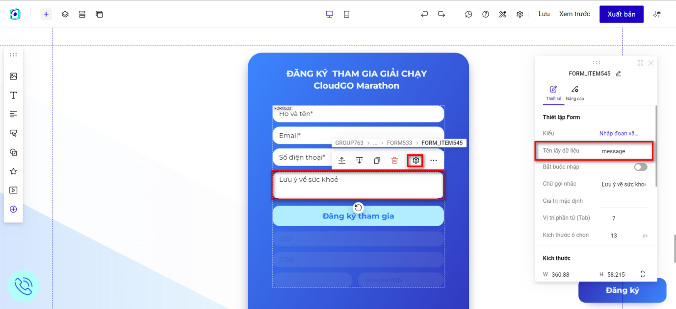 Trường Lưu ý về sức khoẻ với Tên lấy dữ liệu là message
