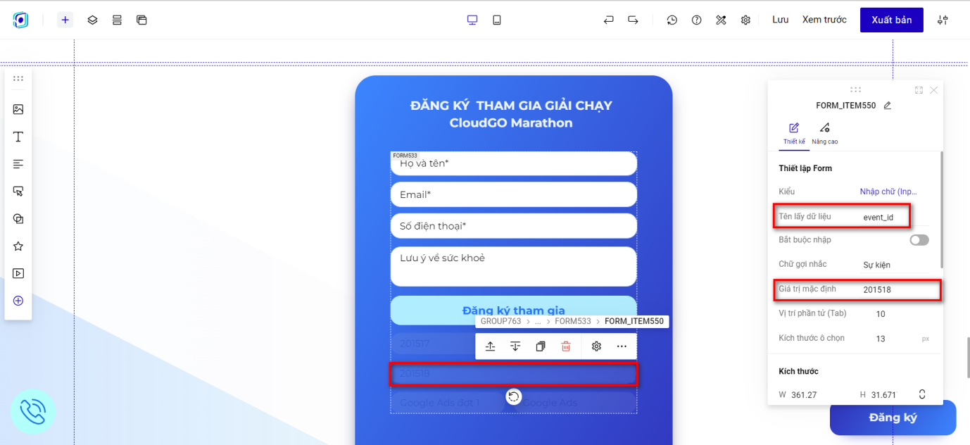 Nhập giá trị mặc định cho trường ẩn campaign_id và event_id