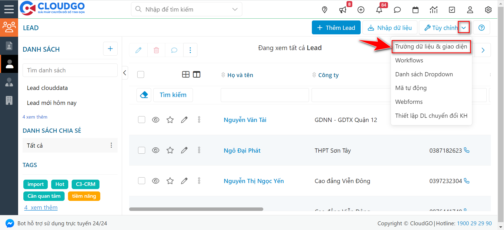Màn hình danh sách Lead — chọn Tuỳ chỉnh > Trường dữ liệu & giao diện