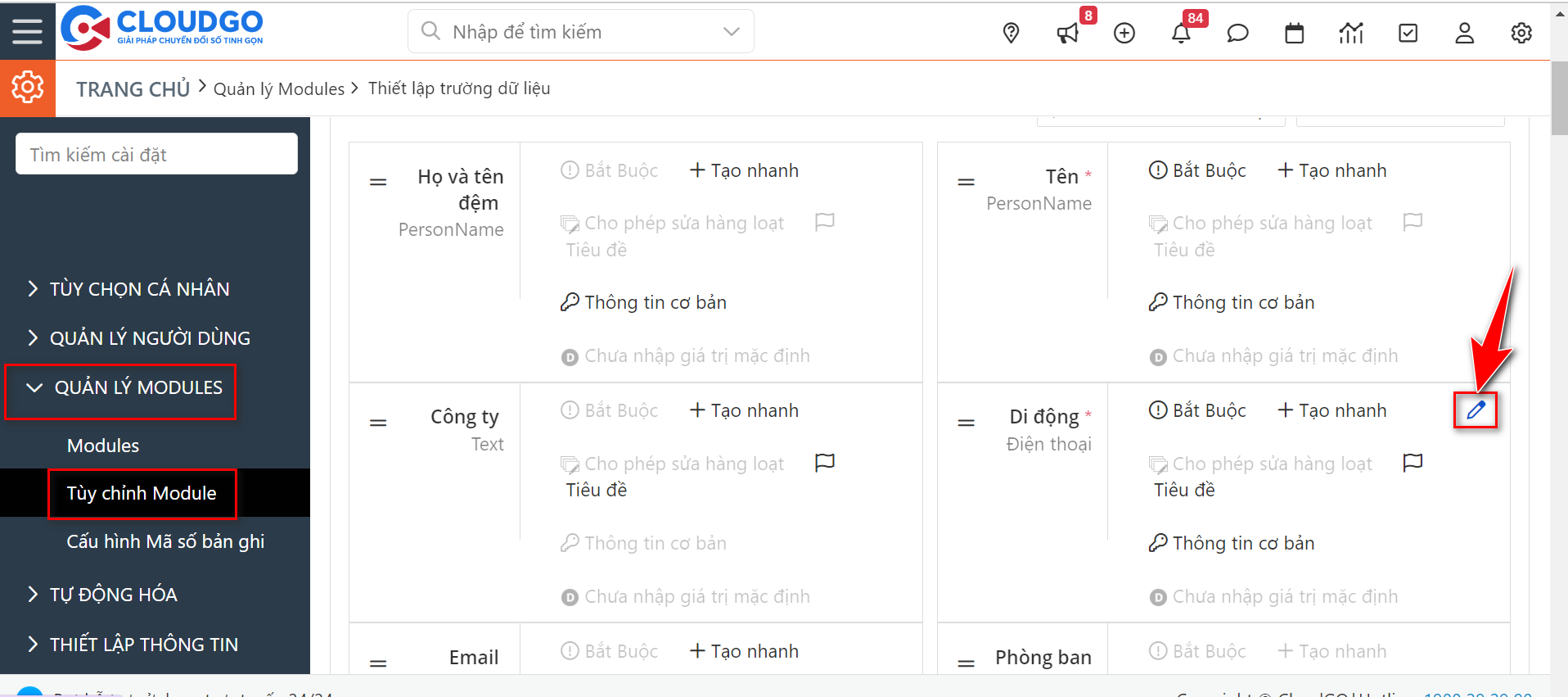 Nhấn icon Bút chì để lấy thông tin Tên trường trên module Lead