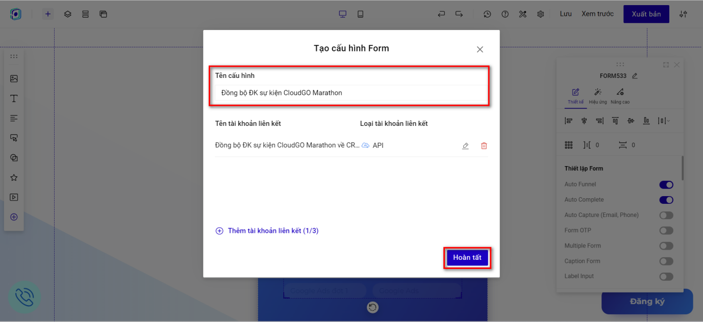 Bước 8 — Đặt tên cho Cấu hình Form rồi nhấn Hoàn tất