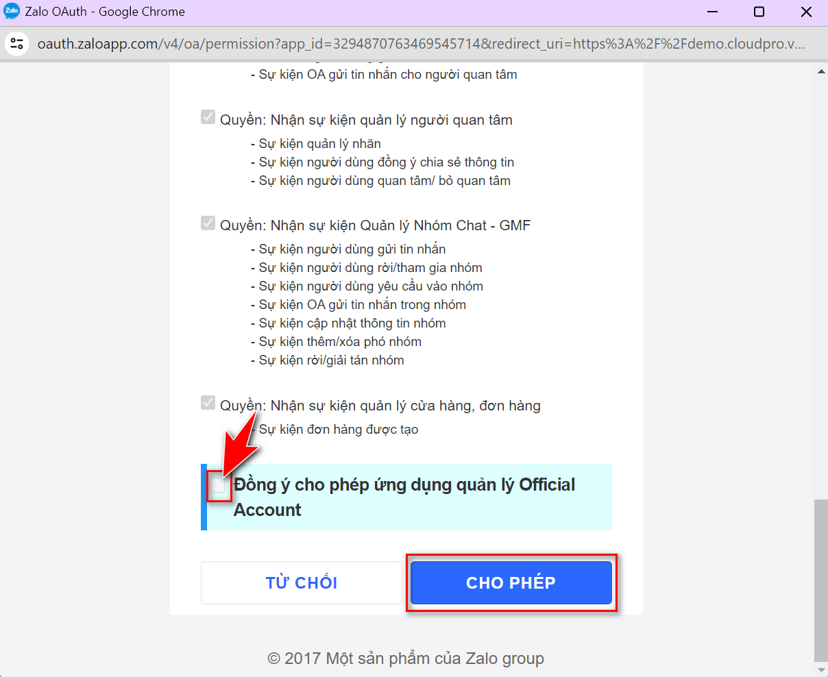 Nút Cho phép để ủy quyền Official Account cho CRM