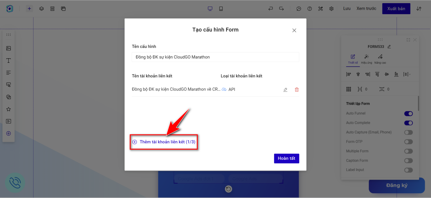 Bổ sung tài khoản liên kết khác, ví dụ đồng bộ về Google Sheet