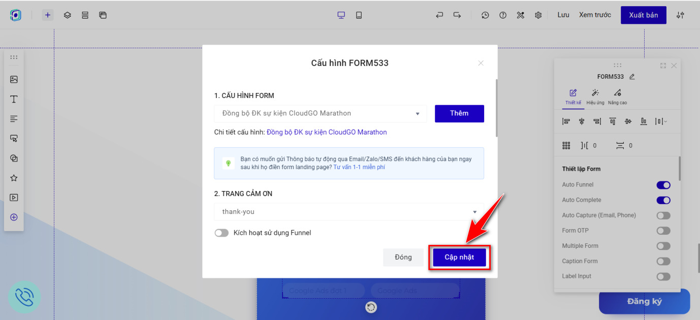 Bước 9 — Nhấn Cập nhật để hoàn tất liên kết form kết nối