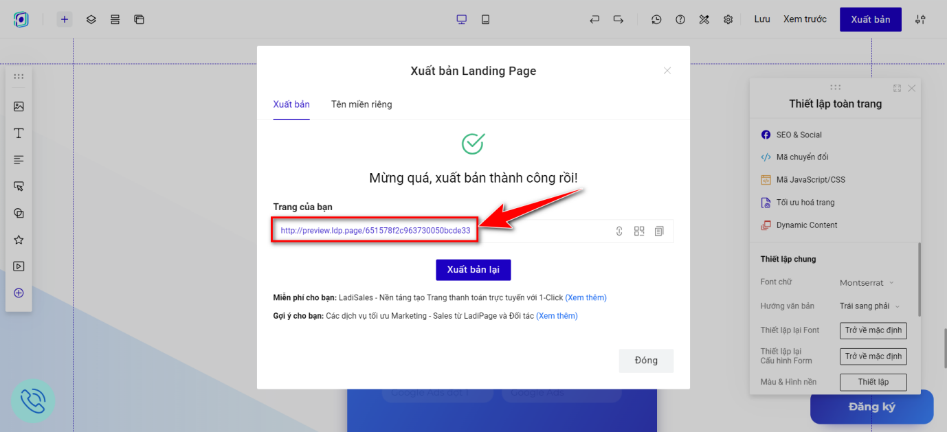 Truy cập link Landing Page đã xuất bản để submit data test đăng ký sự kiện