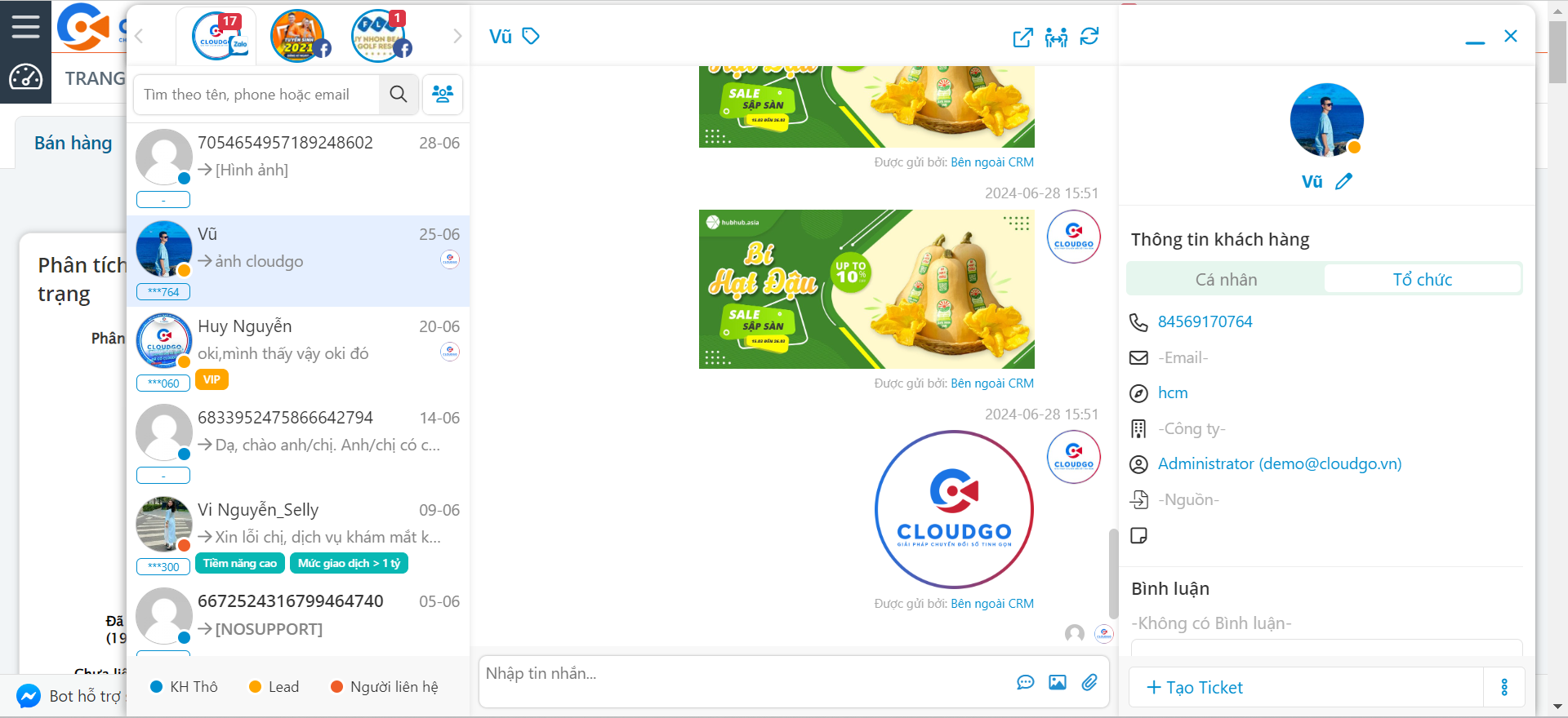 Chatbox CRM tiếp nhận cuộc chat từ Zalo OA