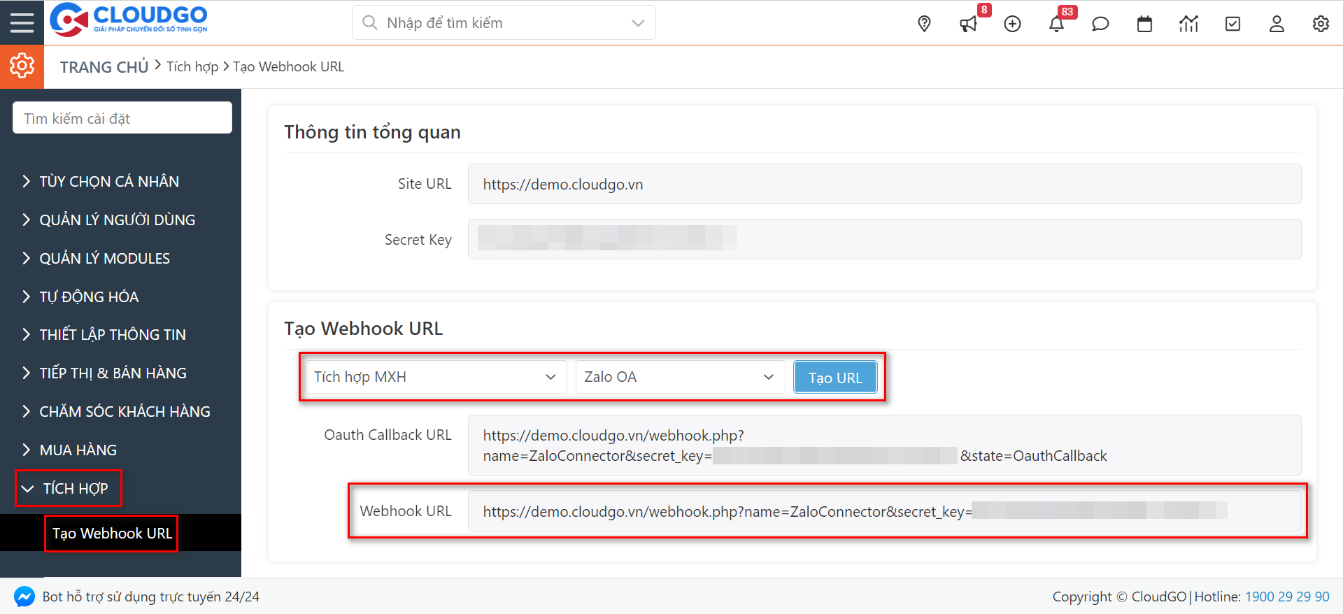 Vị trí lấy thông tin Webhook URL trên CRM