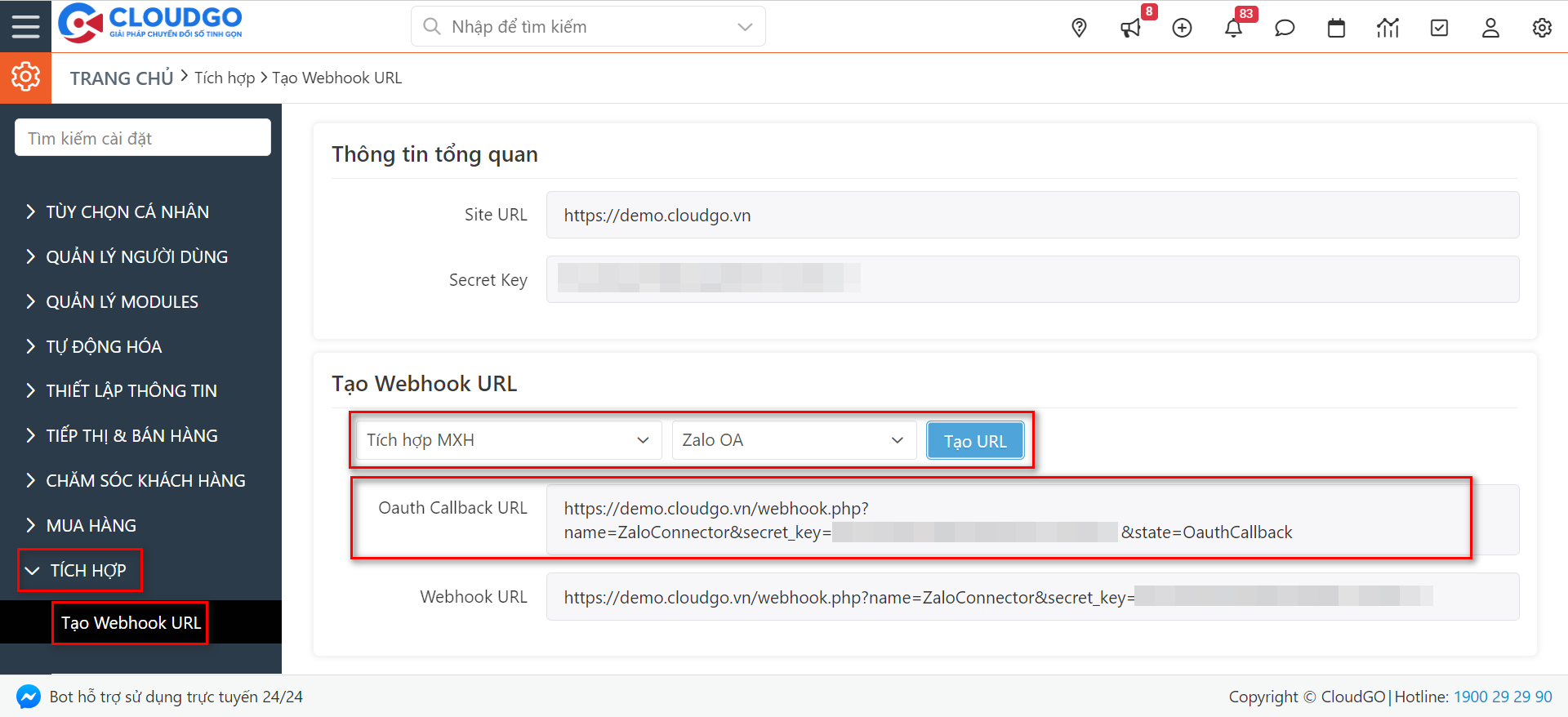 Thông tin Callback URL lấy từ CRM