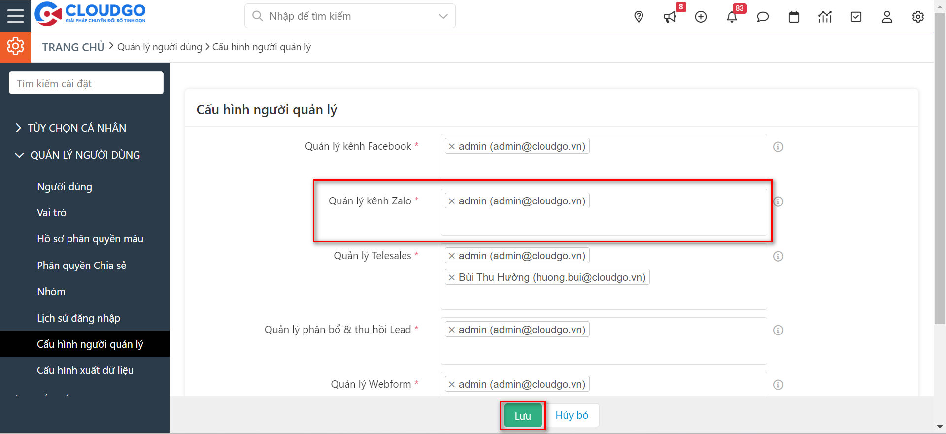 Thêm user vào Quản lý kênh Zalo để phân quyền