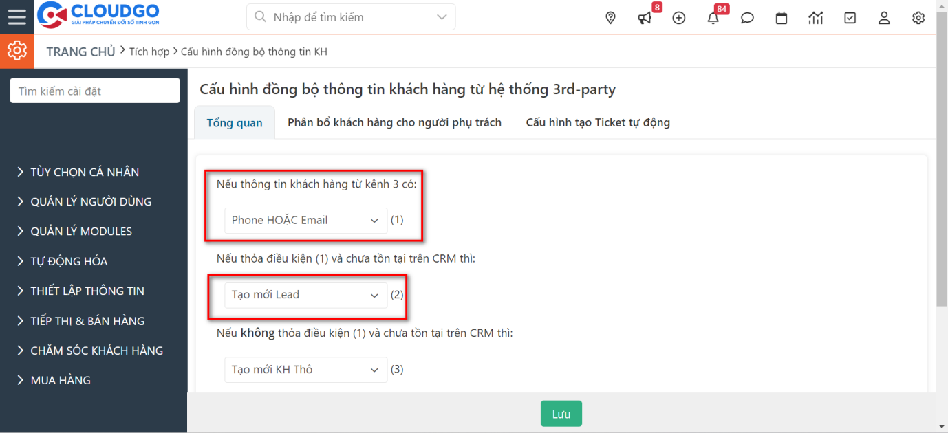 Chọn module nhận dữ liệu (Lead hay Người liên hệ) khi đồng bộ có Phone hoặc Email