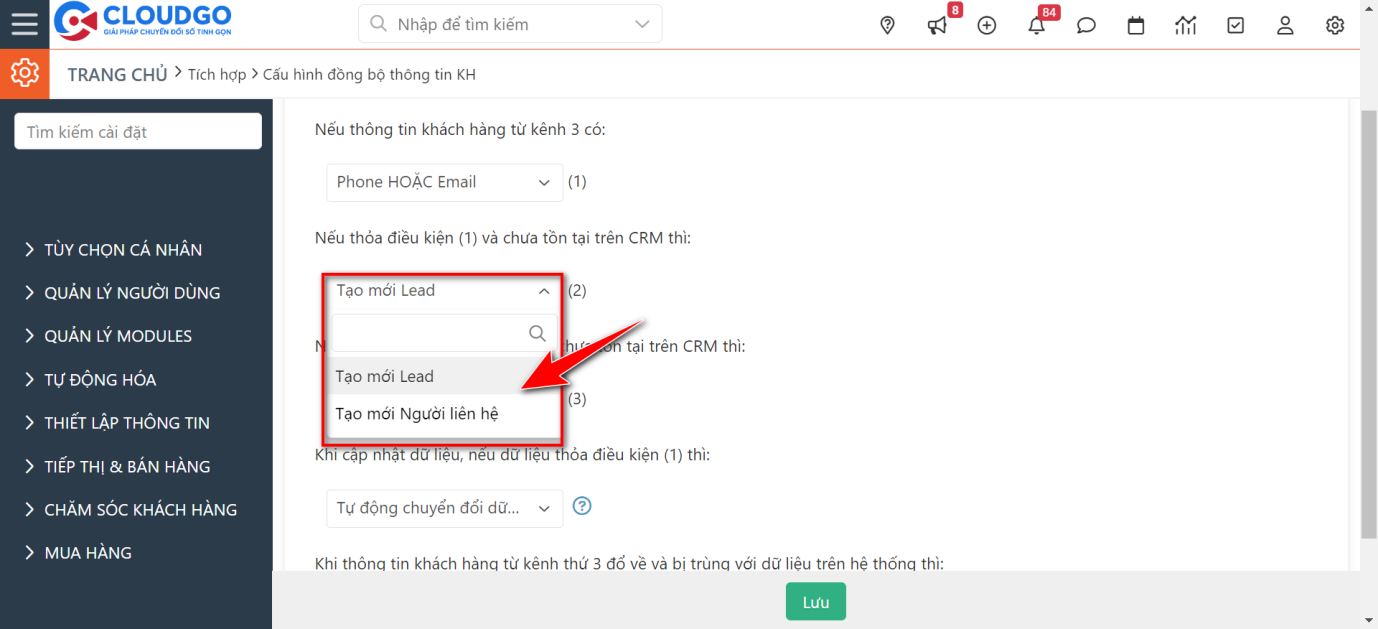 Thiết lập cấu hình đồng bộ thông tin khách hàng từ kênh thứ 3 về CRM