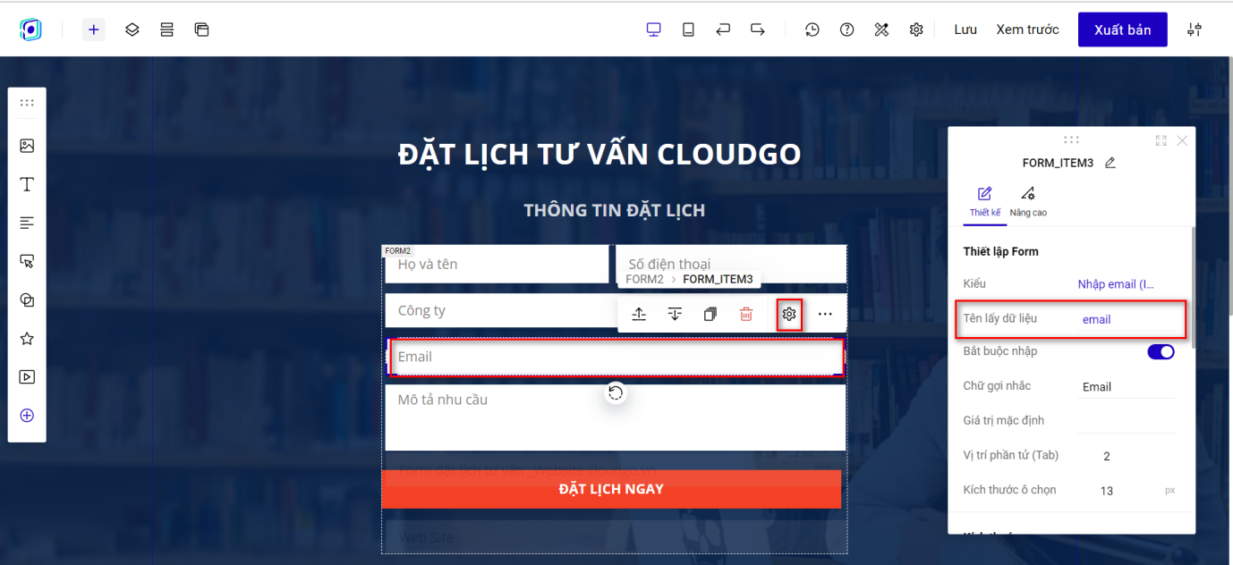 Trường Email khách hàng với Tên lấy dữ liệu là email