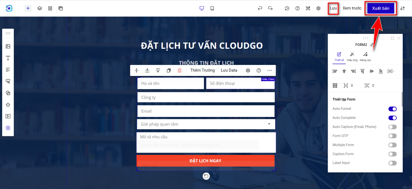Nhấn Lưu và chọn Xuất bản Landing Page