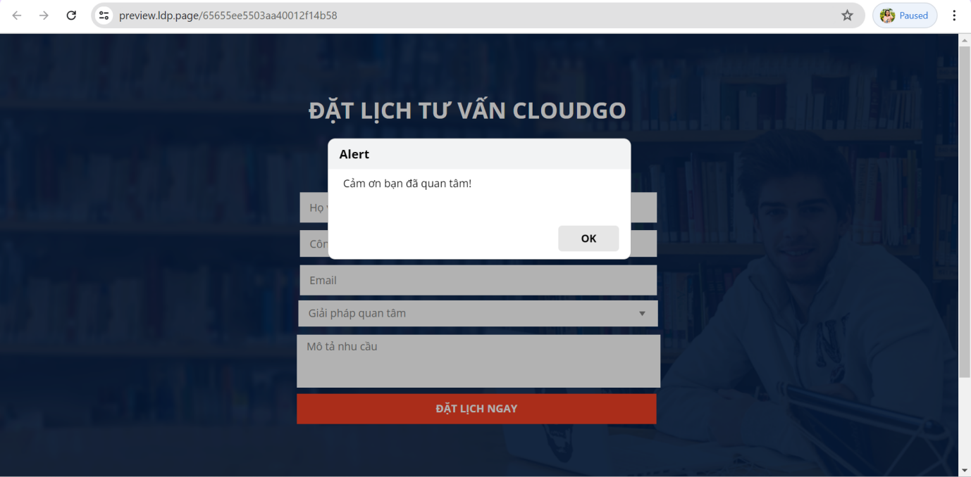 Kết quả sau khi submit thông tin test trên Landing Page