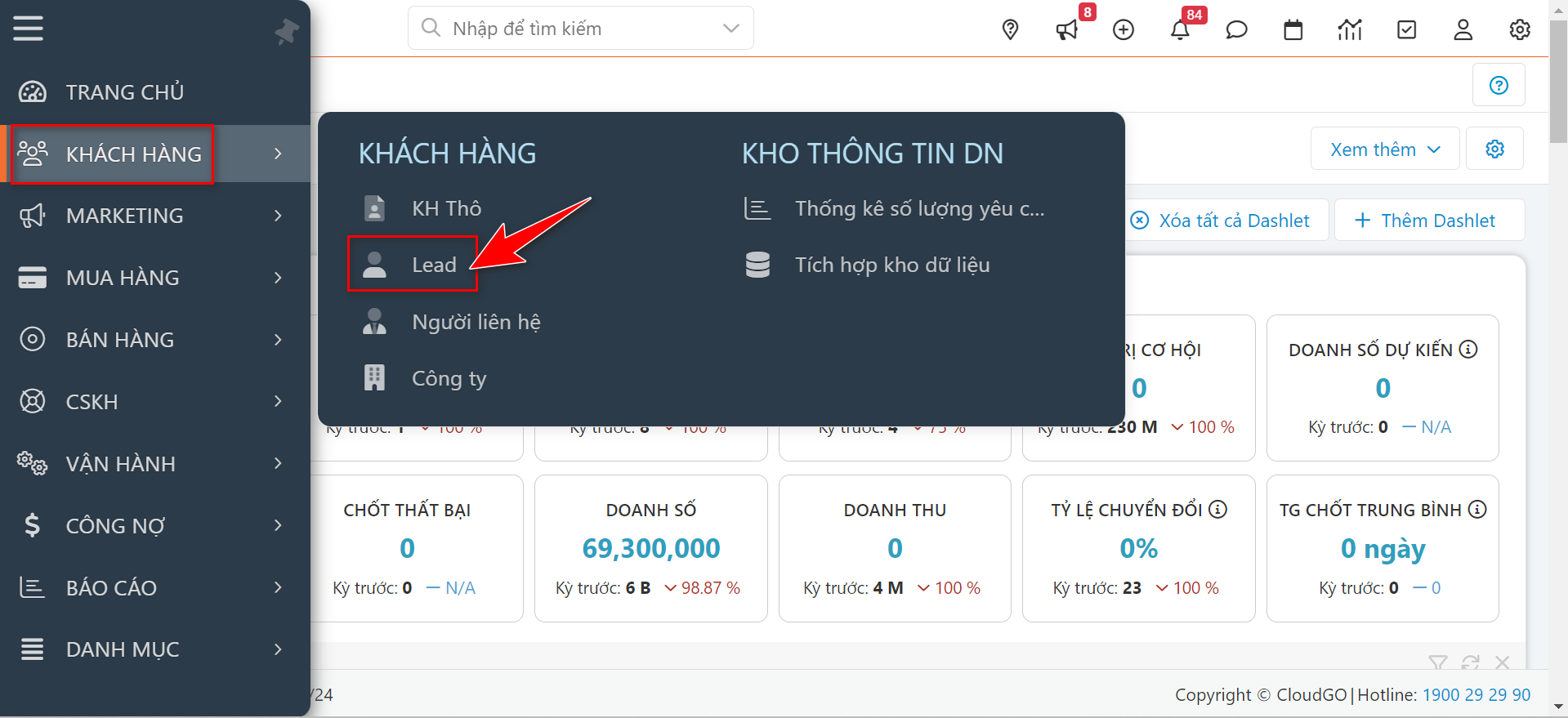 Truy cập danh mục Khách hàng, chọn module Lead trên CRM