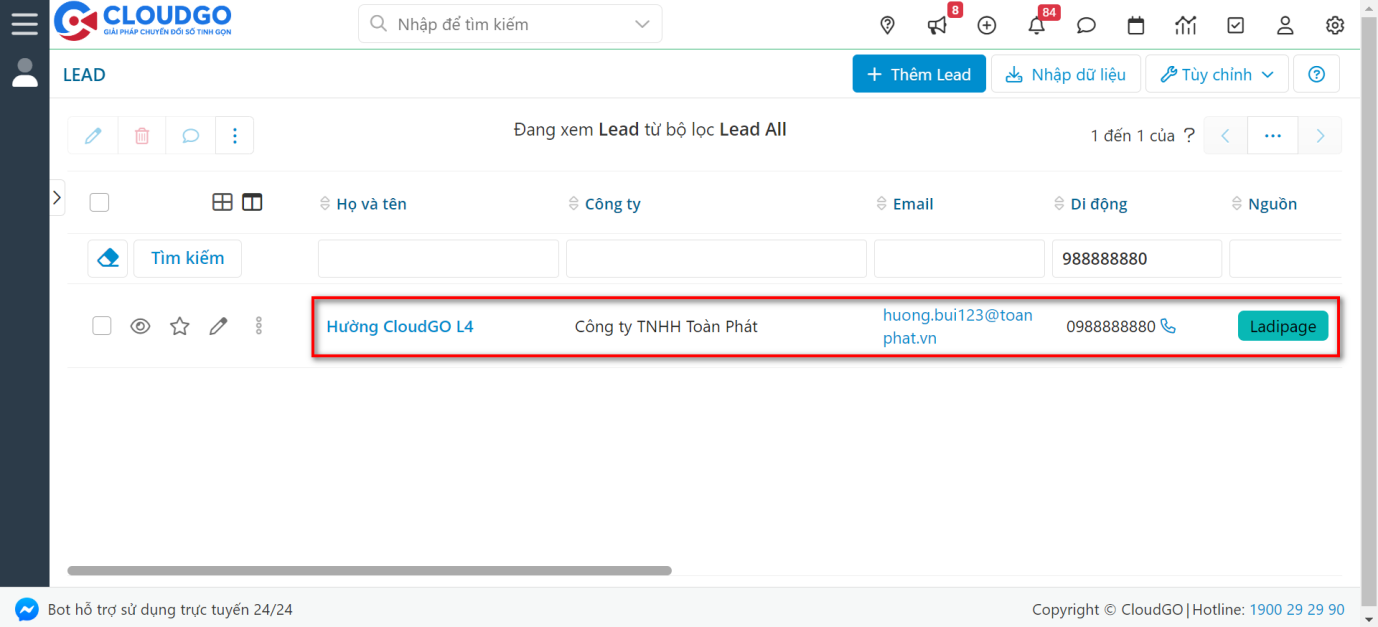 Lead mới đồng bộ từ Landing Page hiển thị đầu tiên trong danh sách